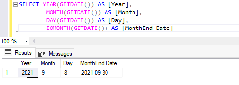 استفاده از تابع SQL Server GETDATE با توابع DAY، MONTH، EOMONTH و YEAR