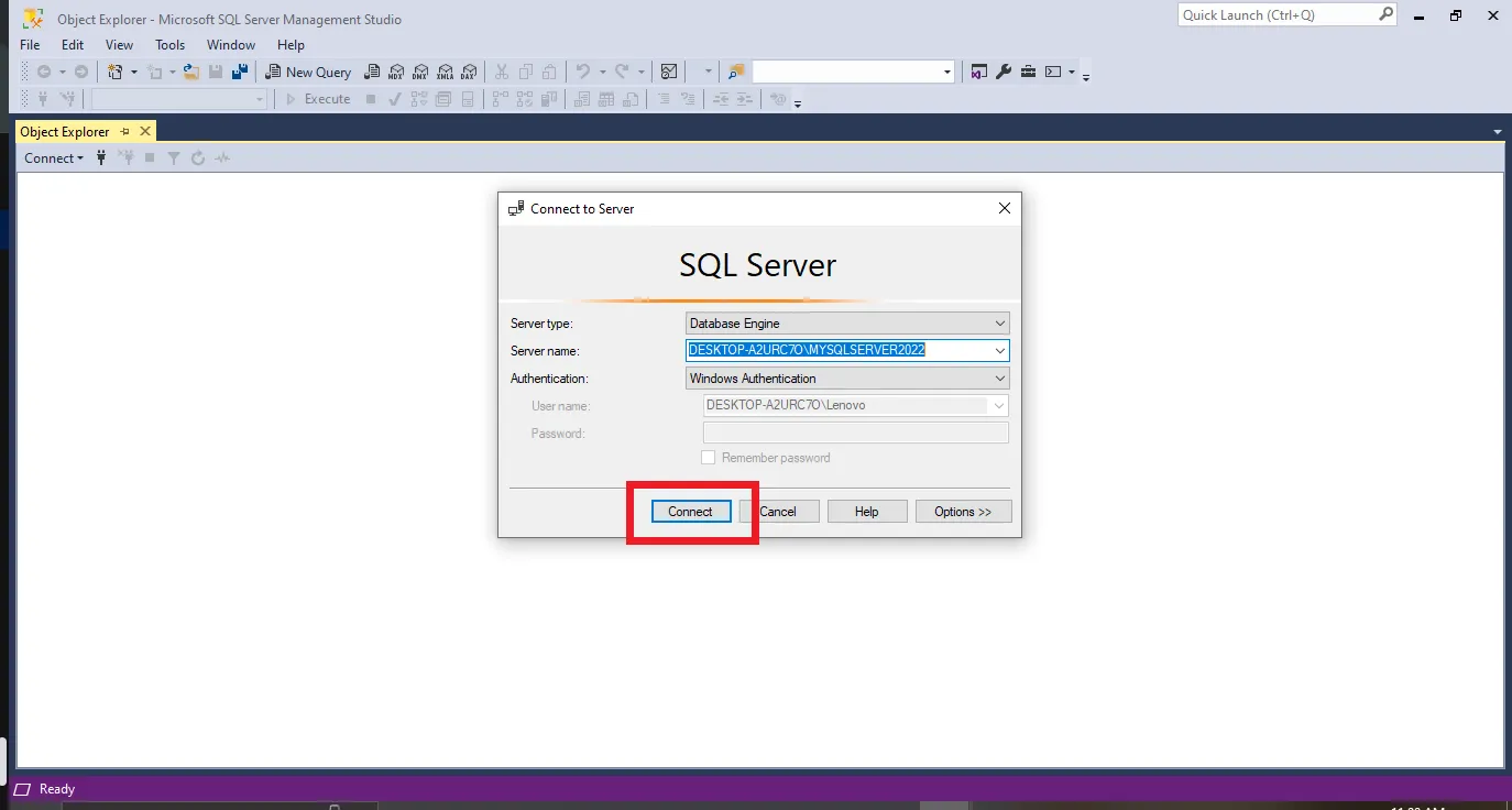 ورود و اتصال به SQL Server Management Studio