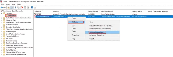 Certificate manager برای سیستم Manage Private Keys