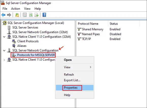 باز کردن Properties نمونه SQL Server در SQL Server Configuration Manager
