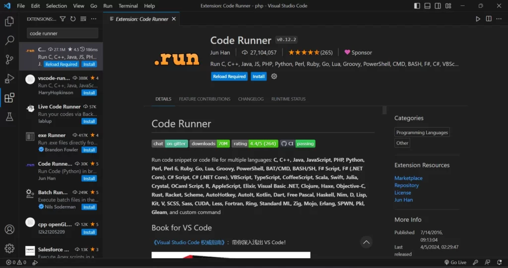 نصب افزونه code runner